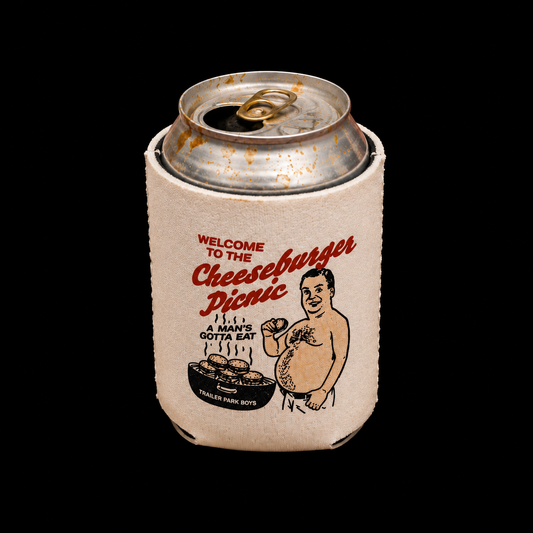 Cheeseburger Picnic Can Cooler on a black background
