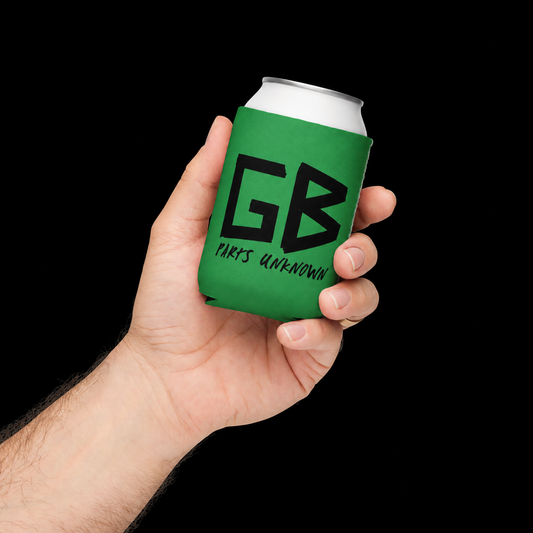 Green Bastard Can Cooler on a black background