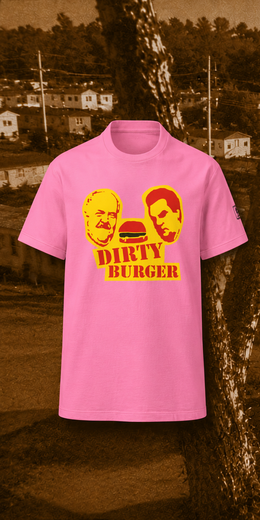 Dirty Burger pink shirt on the Sunnyvale backdrop